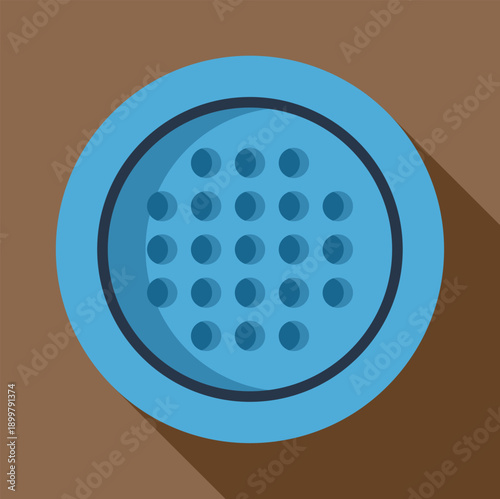 Blue circular drain or manhole cover icon with shadow in flat design style