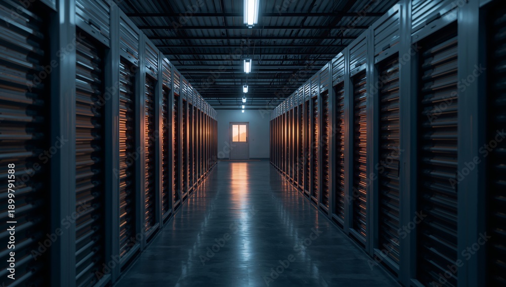 Fototapeta premium Rows of Lockers in a Dark Storage Facility at Dusk Under Fluorescent Lights