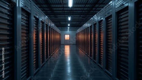 Rows of Lockers in a Dark Storage Facility at Dusk Under Fluorescent Lights