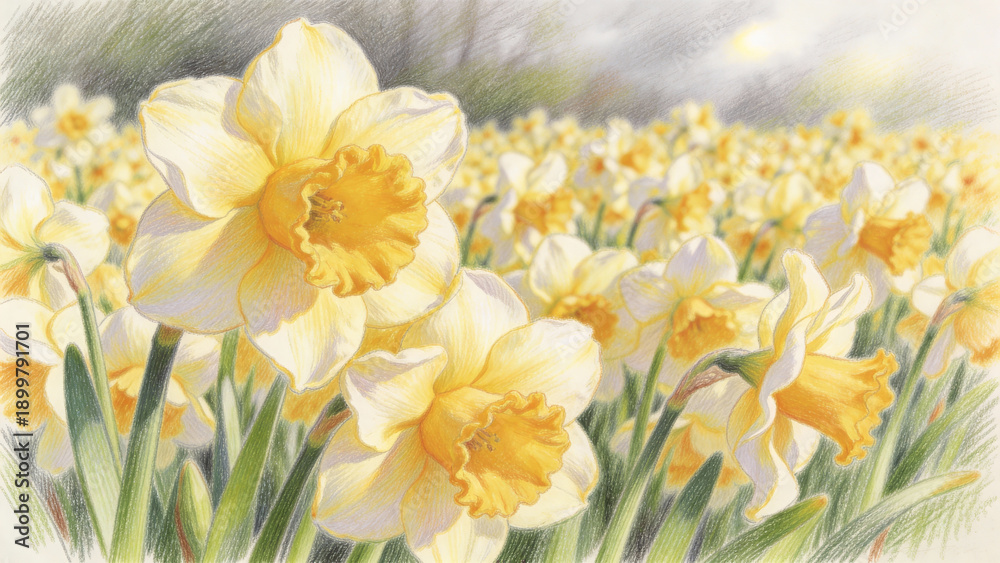 Fototapeta premium Colored pencil illustration of many blooming daffodils filling the frame in spring