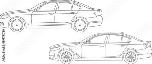 Luxury sedan car side view line art vector illustration isolated on white background automotive design blueprint technical outline profile drawing