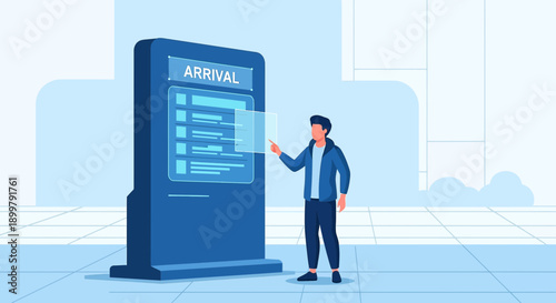 Traveler interacting with an arrival information display at an airport terminal providing travel