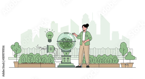 Urban Farming Innovation: Woman with advanced gardening machine for Sustainable Food Production