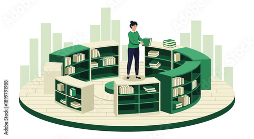 Vector illustration of a student surrounded by book shelves in a library for studies