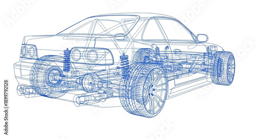 Detailed Blueprint of a Car Engine and Chassis.