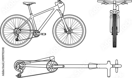 Mountain bike technical blueprint detailed components line art vector illustration isolated white background cycling engineering design multiple views set
