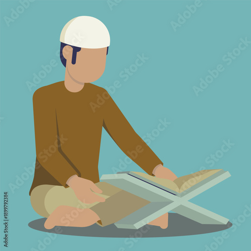 Muslim man sitting cross-legged, reading a holy book on a rehal, depicting religious study.