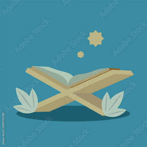 An open holy book resting on a traditional wooden rehal with leaves and stars on a blue background.