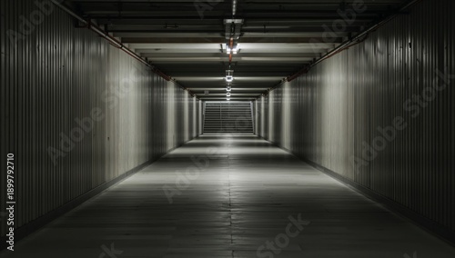 Long Corridor With Lights and Steps at the End in a Storage Building at Night