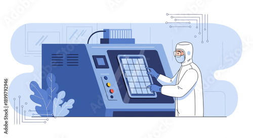 Worker in clean suit operates advanced technology machinery in a sterile laboratory environment