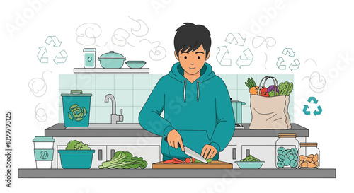 Young man preparing a plant based meal with a focus on environmental consciousness and sustainable