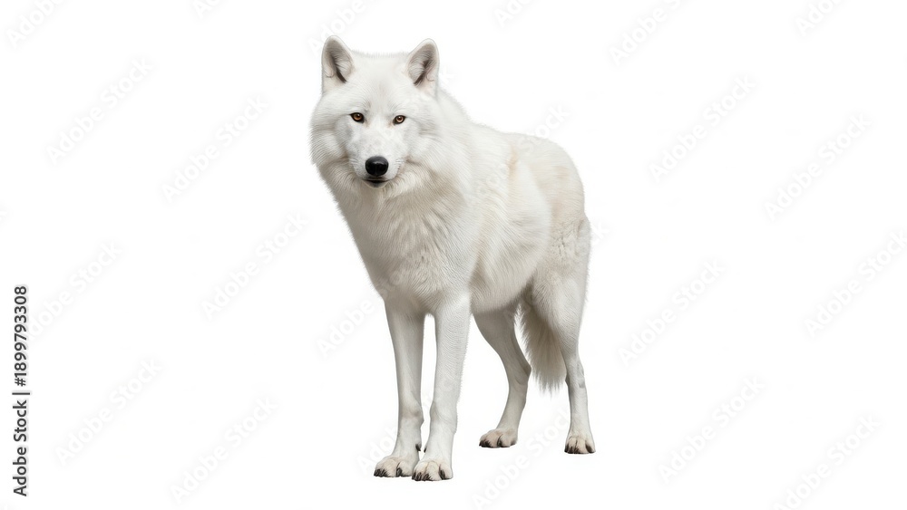 Obraz premium A majestic and pure white arctic wolf stands alertly in a full body portrait with piercing eyes, professionally isolated on a clean white background.