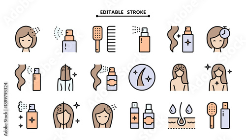 Dry Shampoo and Hair Care Icon Set: Color Symbols for Scalp Hygiene, Quick Hair Refresh and Alternative Washing Routine