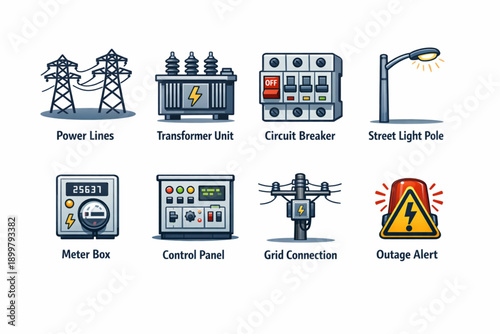 Electric Network Icons Set for Power Distribution and Grid Infrastructure