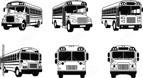 Vintage and Modern School Bus Silhouettes in Black and White, Transport Icons, Front and Side Views, Vector Clipart High Resolution