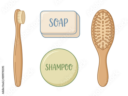 Illustration of eco-friendly personal care products including a wooden toothbrush, soap bars, a shampoo bar, and a wooden hairbrush.