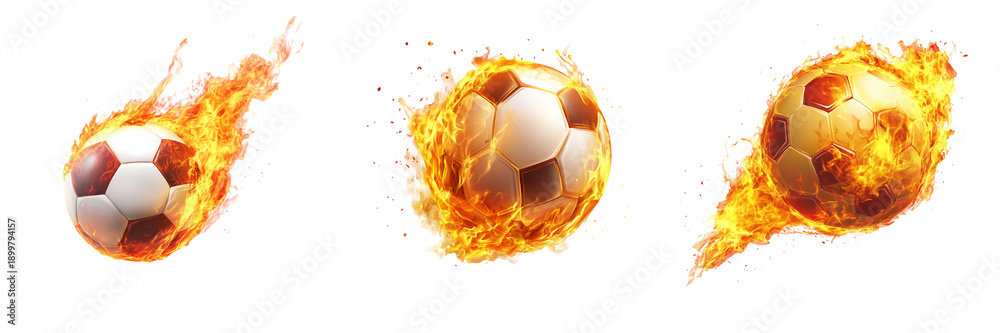 Naklejka premium Set of Soccer balls on fire on transparent background