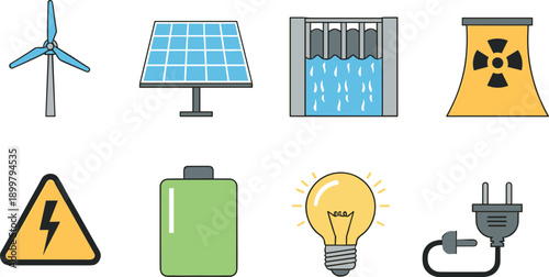 Sustainable renewable energy icon set with solar panel wind turbine hydroelectric dam battery and power generation symbols vector.