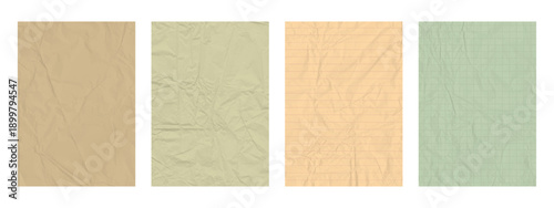 Vintage pastel paper background set with crumpled texture, lined and grid blank sheet collection