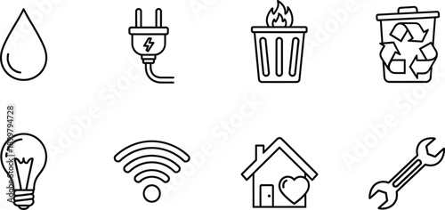 Collection of simple line icons representing utilities and home services including water drop power plug trash bin and Wi-Fi symbol for web and app design