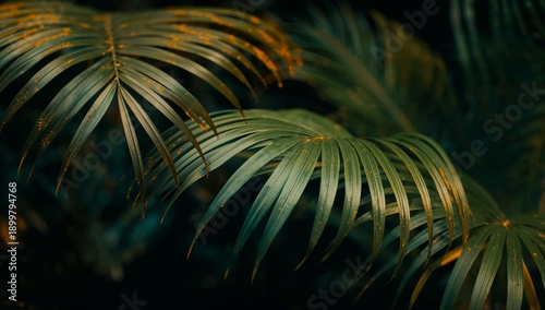 Green Palm Leaves in a Tropical Area Illuminated by Soft Light During the Eve...
