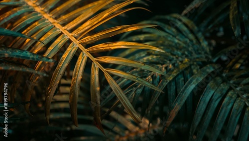 Green Palm Leaves in a Tropical Area Illuminated by Soft Light During the Eve...