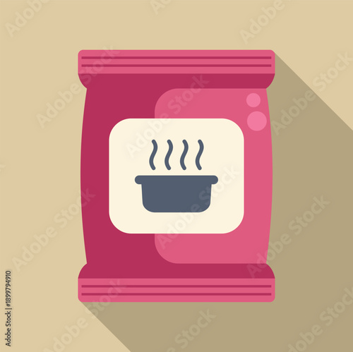 Pink packet of instant hot soup or meal with a steaming bowl icon