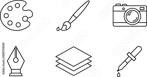 Set of creative tool icons including a paint palette brush camera pen tool layers and eyedropper for graphic design and art concepts isolated on white