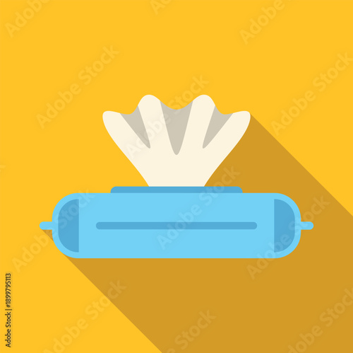 Wet wipes dispensing from a flat blue package with a long shadow on an orange background