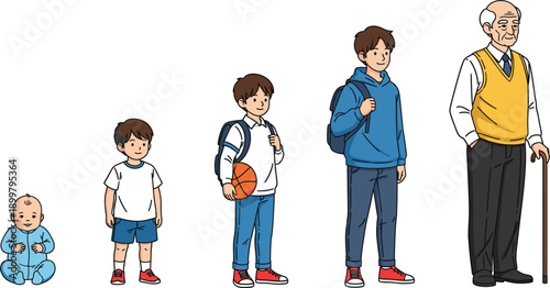 Vector illustration showing the stages of human life cycle from a baby boy to an elderly man with a walking cane for aging concept.