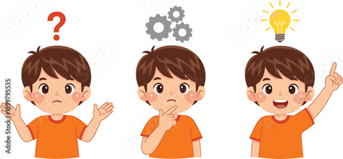 Cartoon vector illustration of a young boy thinking with question mark, gears, and lightbulb symbols representing problem solving, creativity, and new idea discovery.
