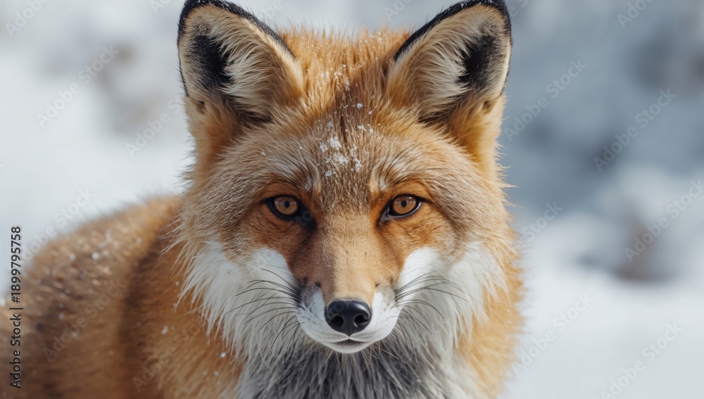 Fototapeta premium Red Fox Stands in Snow During Winter in a Forest Observing Its Surroundings for Food or Movement