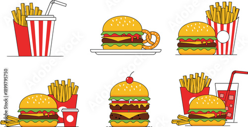Fast food vector illustration set featuring delicious hamburgers with french fries and soda drinks in red and white striped packaging.