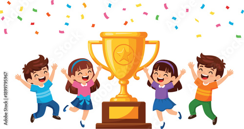 Happy diverse group of children celebrating a victory around a large golden trophy cup with colorful confetti for success and achievement concept.