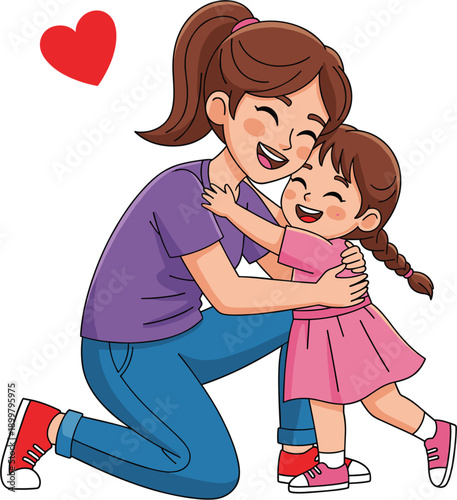 Happy young mother hugging her little daughter with love, cartoon vector illustration of family affection and bonding isolated on white background for motherhood concept.