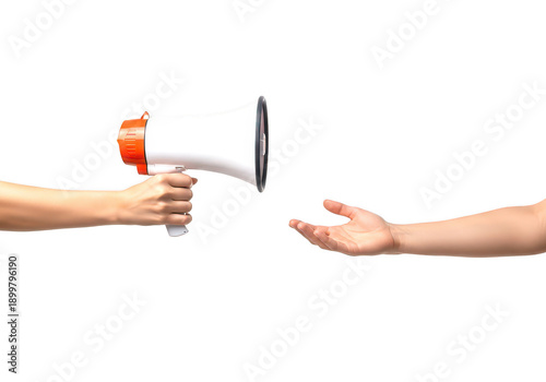 Hand holding megaphone, reaching hand on transparent background
