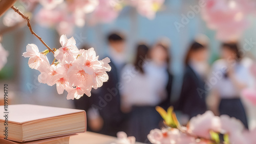 満開の桜の枝と卒業アルバム、背景にボケた制服姿の卒業生たちが集う日本の春の卒業式の風景