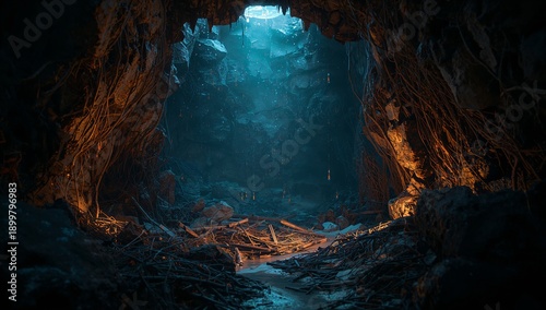 Mysterious Cave With Light Shining From Above and Wooden Branches Scattered o...