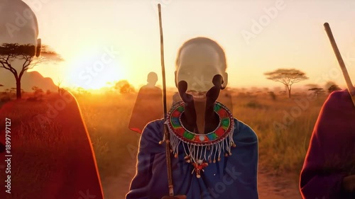 Maasai Warriors Walking Sunset Savanna Traditional Culture Africa
