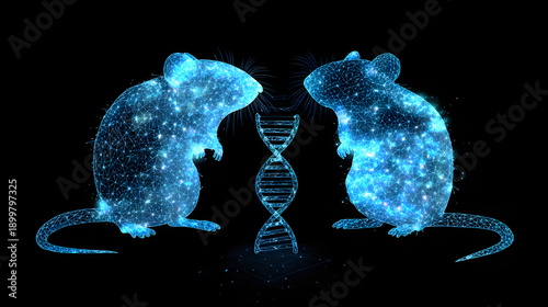 mutation. Two glowing mouse silhouettes connected by a DNA helix to their offspring, illustrating reproductive science. STEM education sheets.