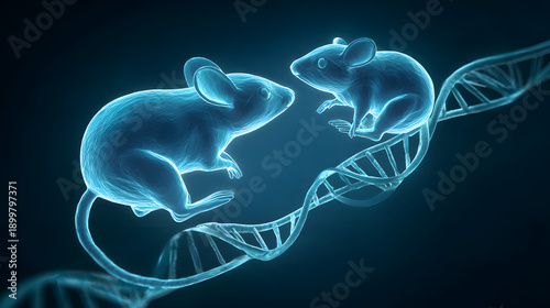 mutation. Two glowing mouse silhouettes connected by a DNA helix to their offspring, illustrating reproductive science. STEM education sheets.