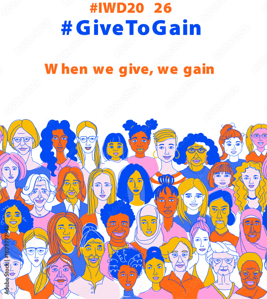 Fototapeta premium Give to Gain, International Women Day Equality Poster with Diverse Female Faces