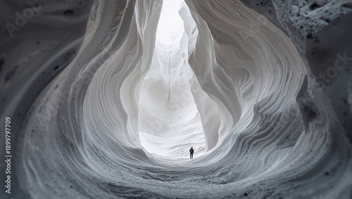 Snowy Canyon With a Person Walking Through the Ice Formations at Mid-Day