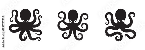 Group of three black octopus vector graphics with varying tentacle styles and eye expressions shown