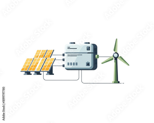 Renewable Energy System Illustration with Solar Panels, Inverter Battery Storage and Wind Turbine, Clean Power Generation, Green Electricity, Sustainable Microgrid Technology Flat Vector