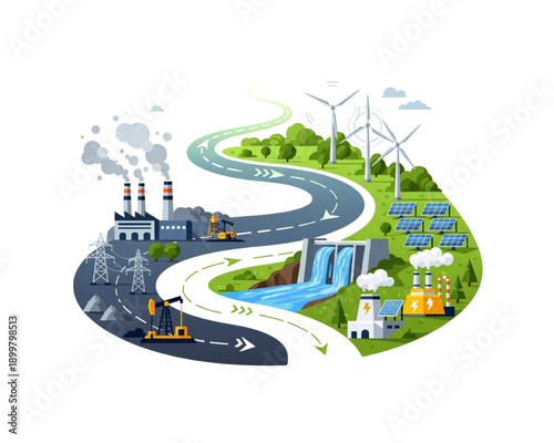 Road to renewable energy transition flat vector. Path from fossil fuel pollution factory to sustainable green power future with wind turbine, solar panel and hydro dam landscape illustration.