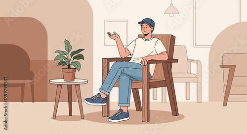 Modern illustration of a relaxed man sitting in an armchair indoors minimalist setting