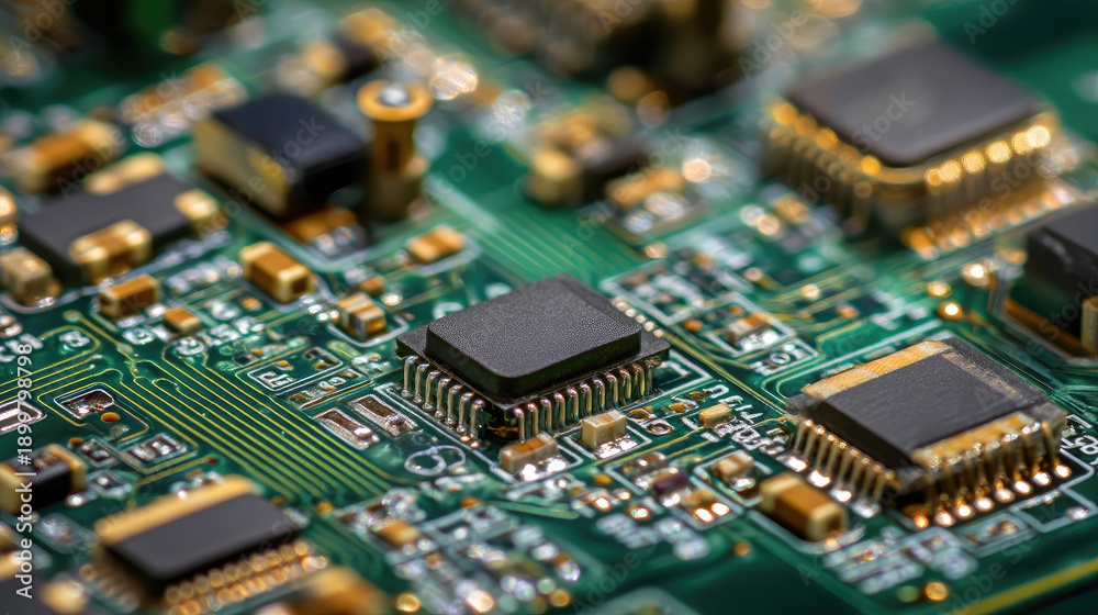 Obraz premium Close-up of a complex printed circuit board with microchips