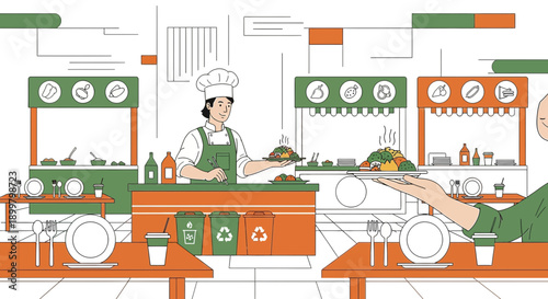 Modern restaurant scene featuring a chef serving prepared meals with waste separation