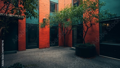 Colorful Courtyard With Plants and a Fountain in a City Setting During Daytime